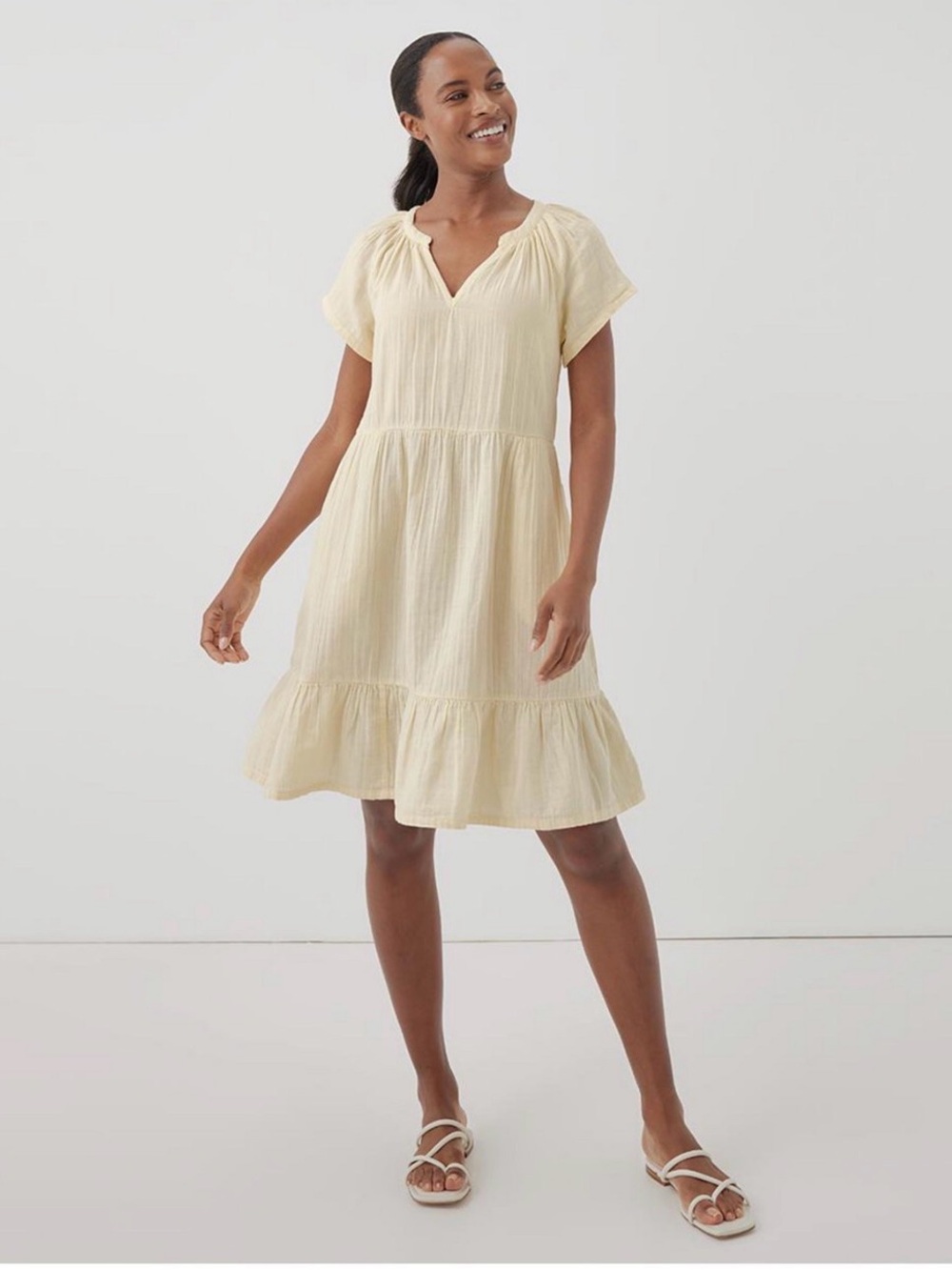 New NWT Pact Organic Cotton Coastal Double Gauze Yellow Tiered Dress Size M
